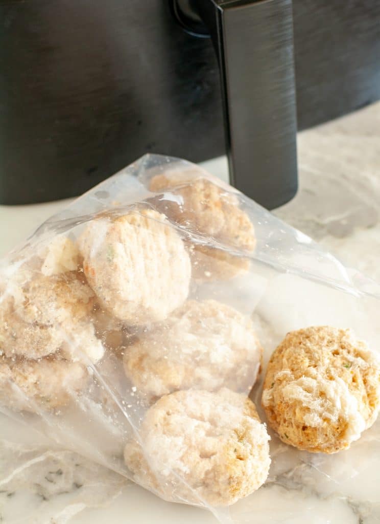 Bag of frozen crab cakes and air fryer. 