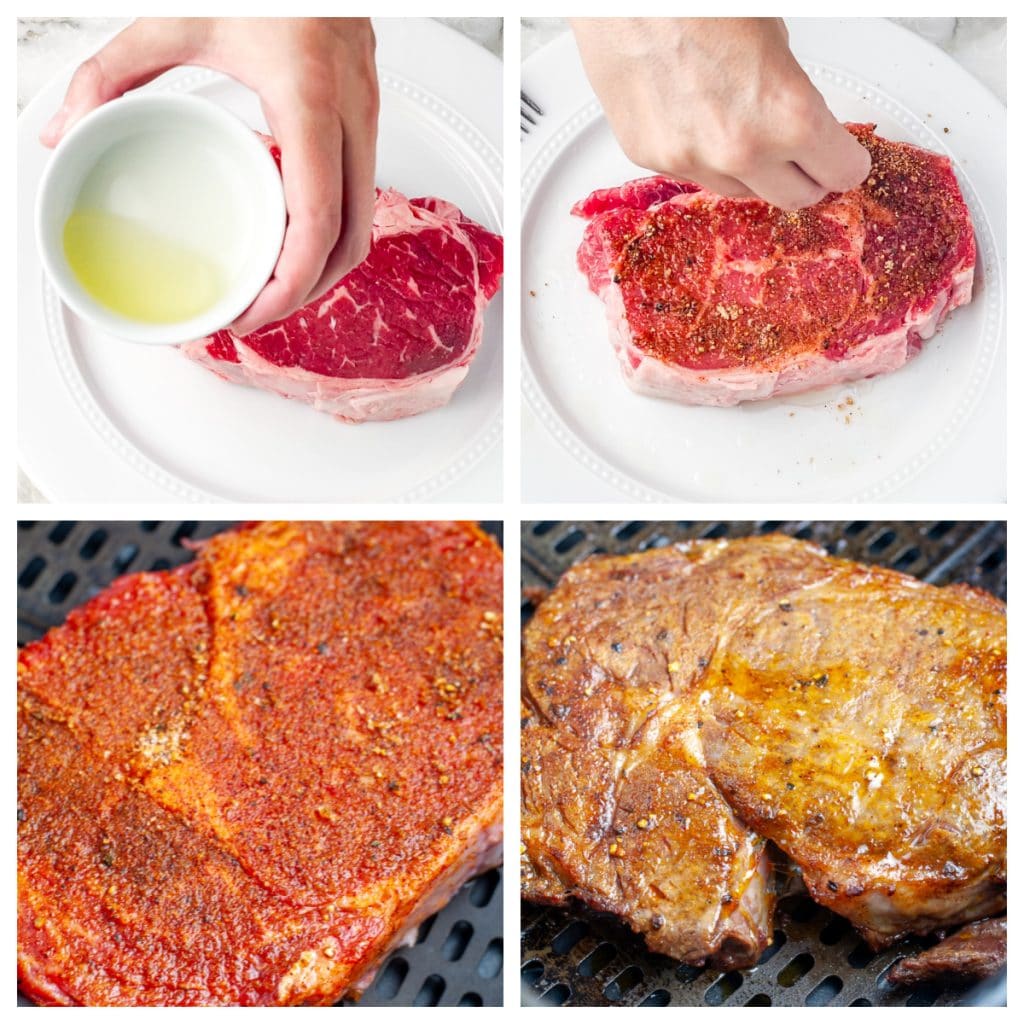 Oil and seasoning on steak.