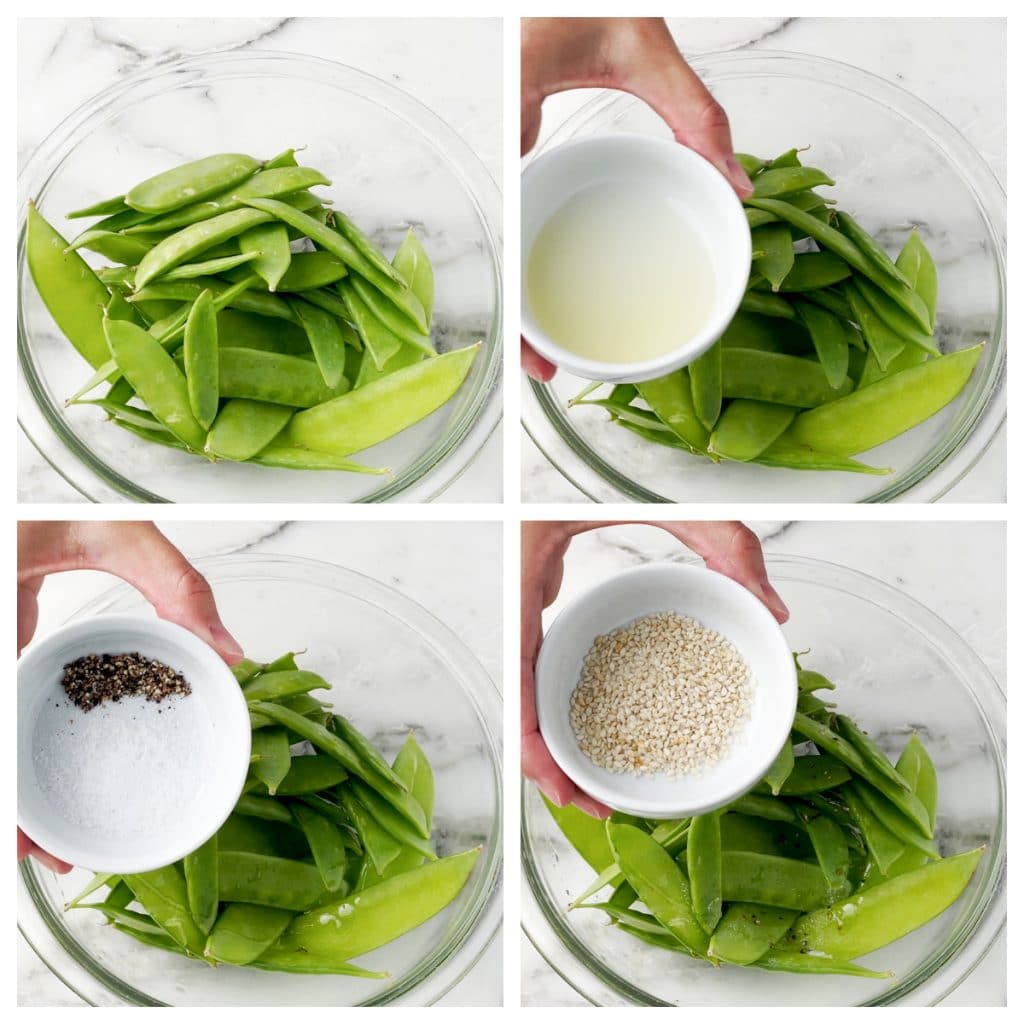 Bowl of snap peas., oil and seasonings.