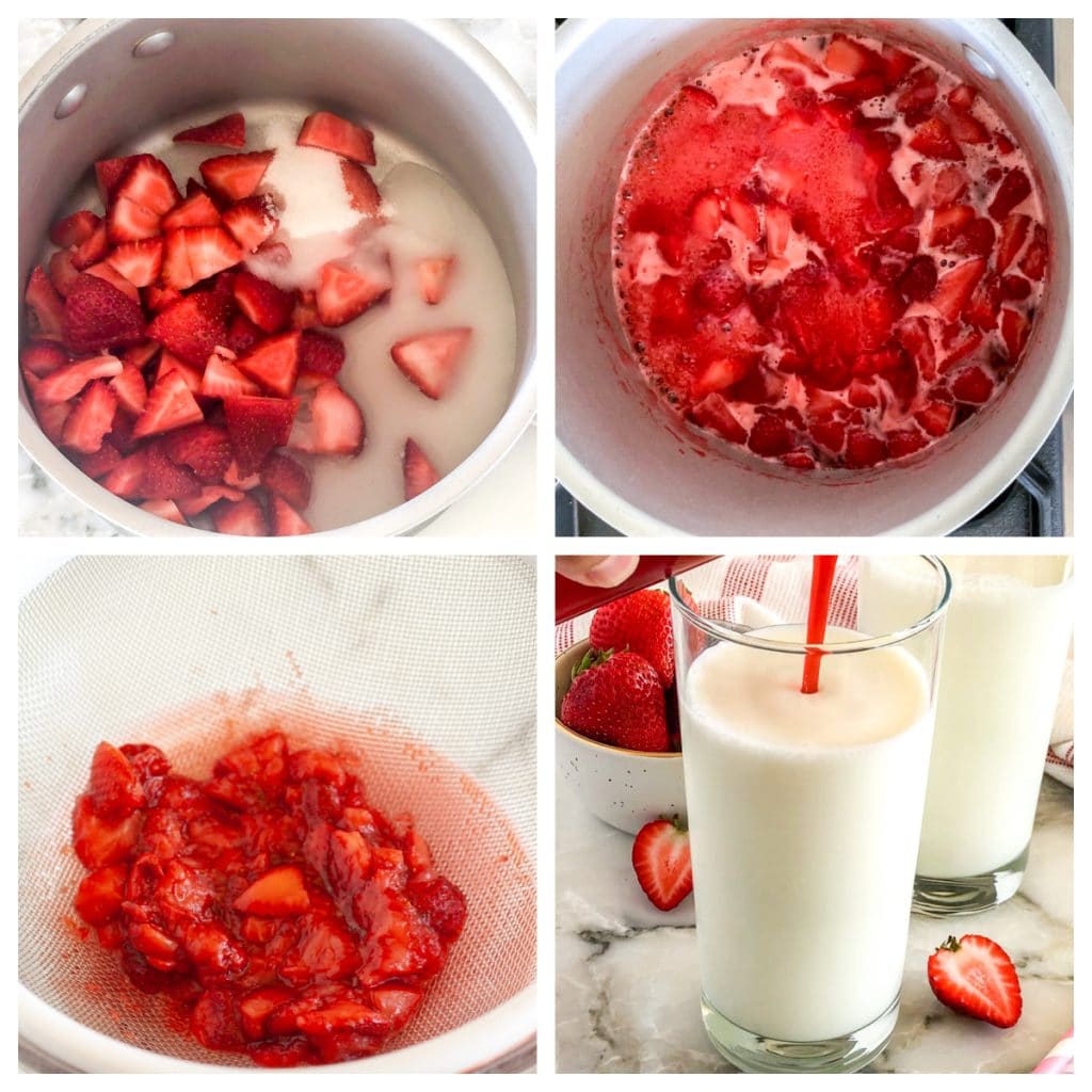Strawberries and sugar in saucepan. 