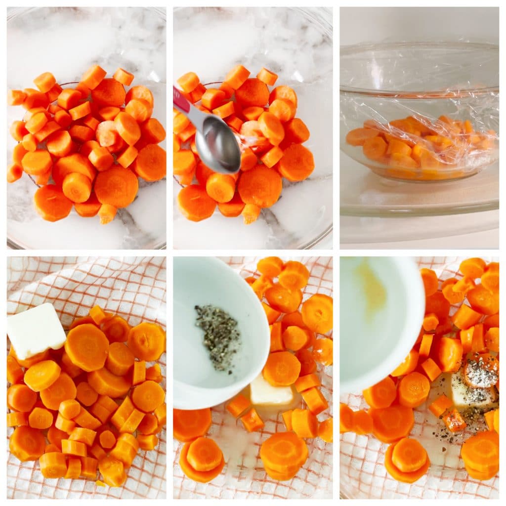 Sliced carrots in bowl with butter and seasoning.