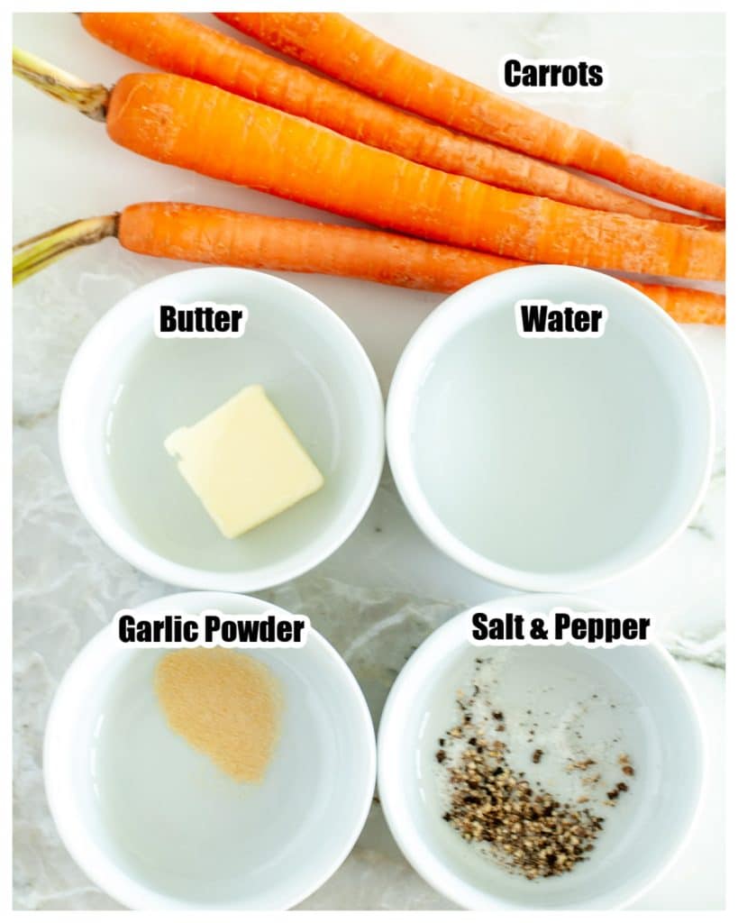 Bowls with butter, seasoning, water and carrots.