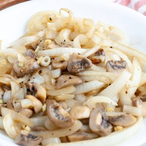 Sliced and cooked mushrooms and onions.