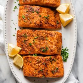 Plate of cooked salmon.