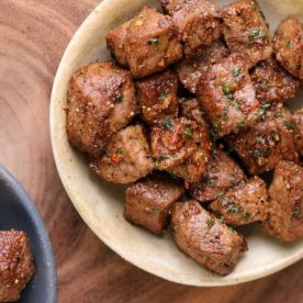 Steak bites in a bowl.