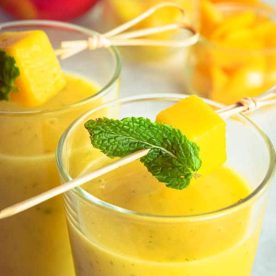 Mango smoothie in a glass.