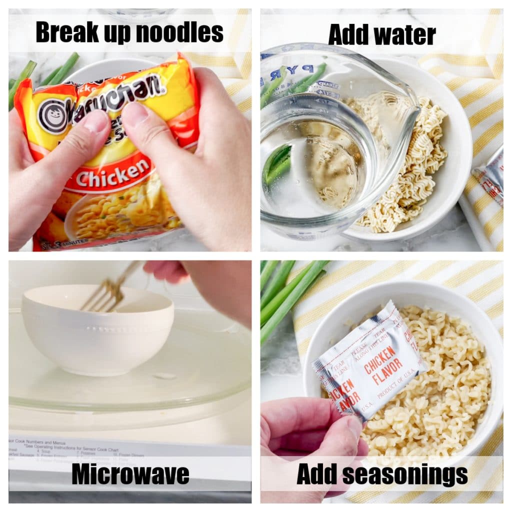 Noodles in a bowl and in the microwave.