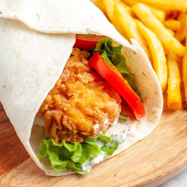 Chicken wrap and french fries.