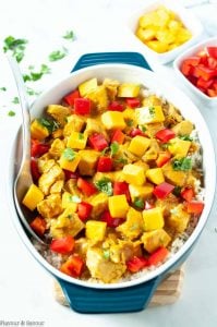 Bowl of chicken and mango.