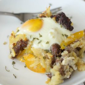 Breakfast casserole on plate.