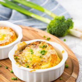 Cooked eggs in a ramekin.