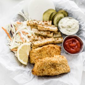 Breaded fish with pickles.