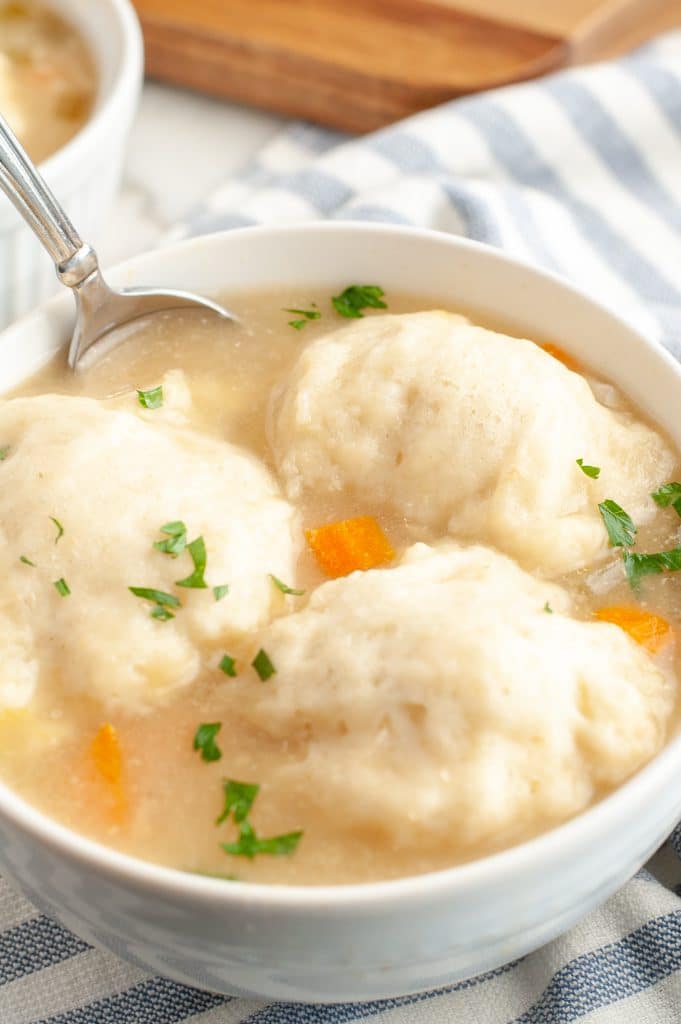 Bowl of soup with dumplings.