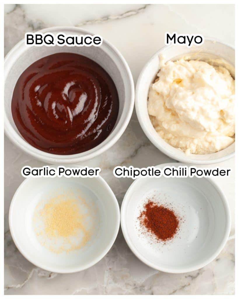 Bowl of BBQ sauce, mayo, garlic powder, and chipotle powder.