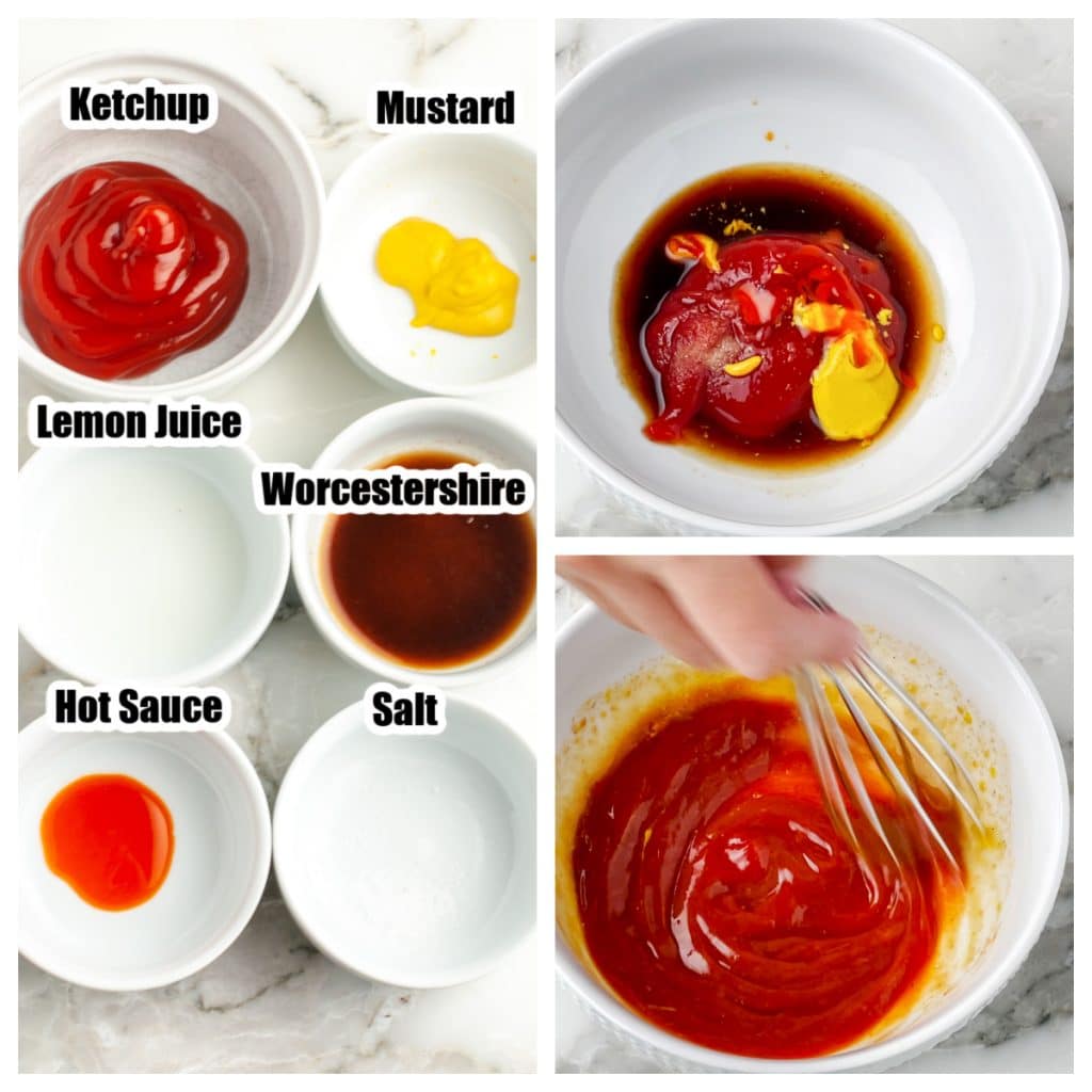 Bowl with ketchup, mustard, hot sauce, lemon juice.