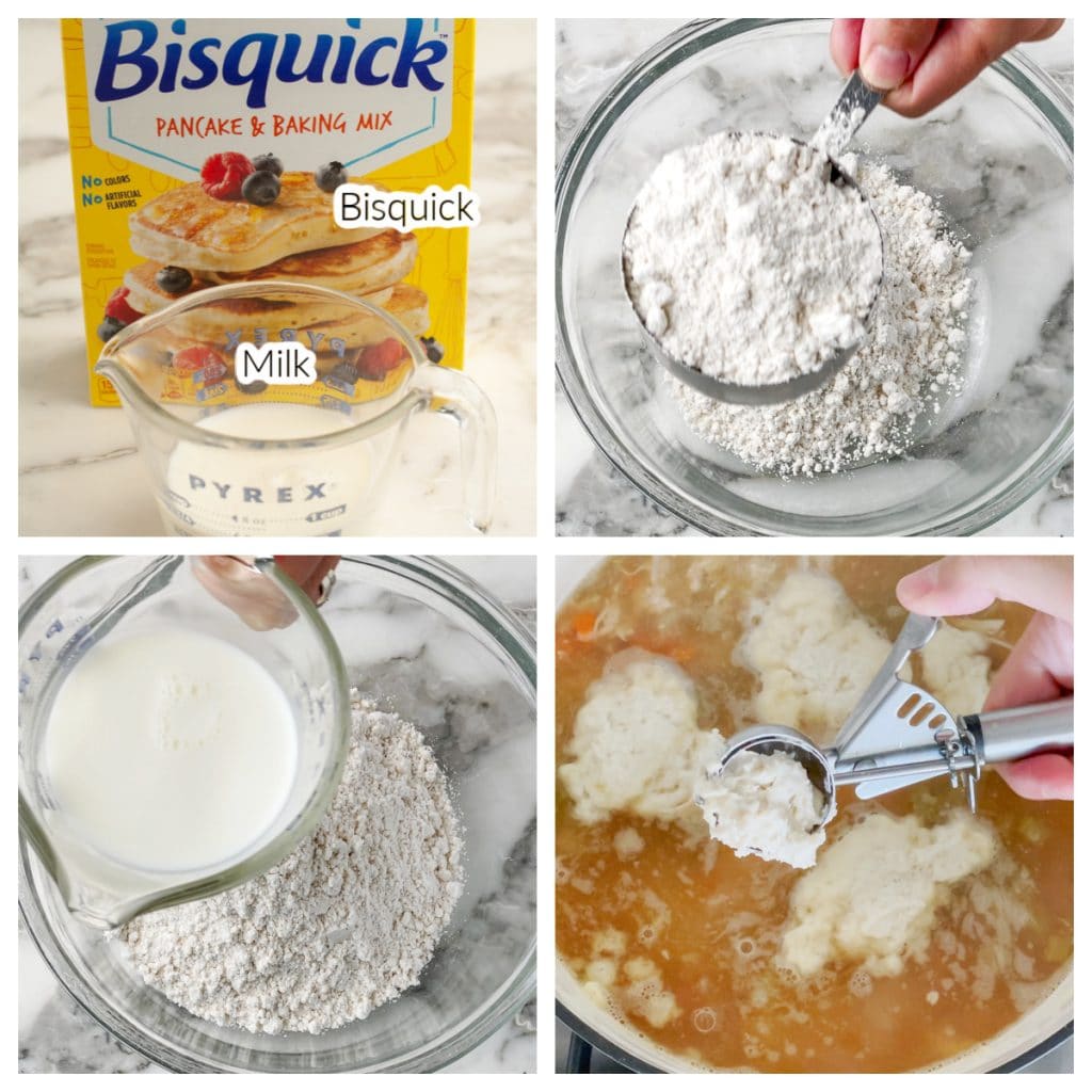 Box of Bisquick and bowl with milk.