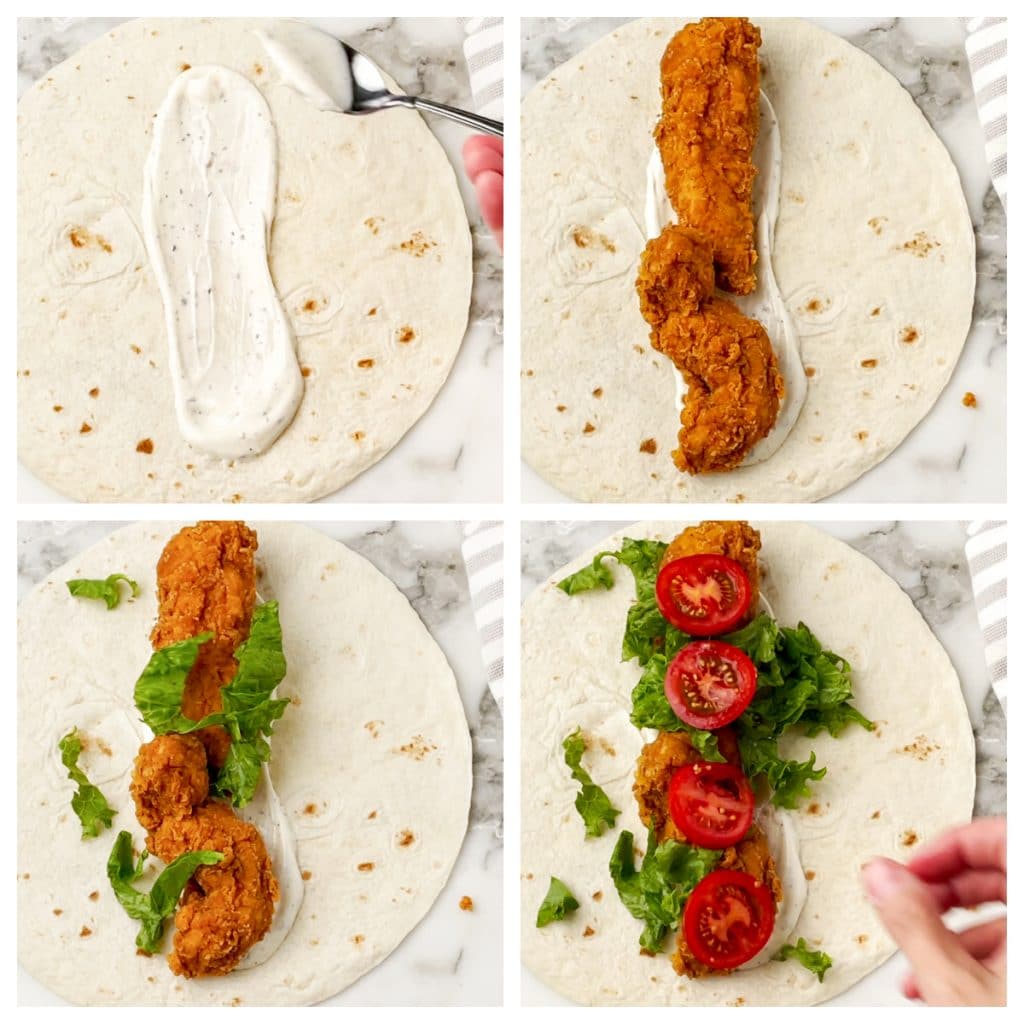 Fried chicken strips on a tortilla.