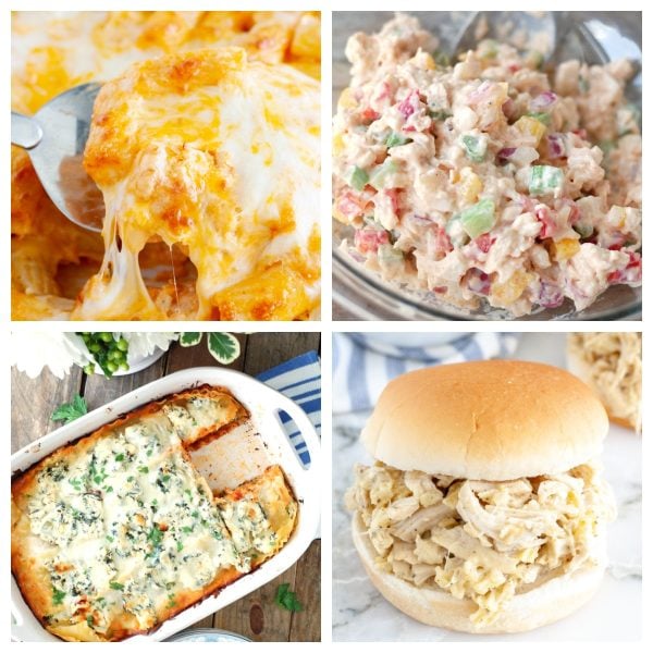 Lasagna, chicken sandwich, pasta and chicken salad.