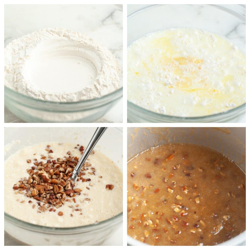 Bowl of flour, batter, pecan sauce.