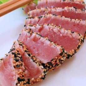 Cooked tuna with sesame crust.