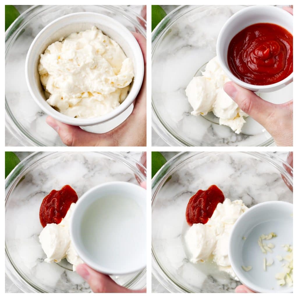 Mayo, sriracha, lime juice and garlic going into bowl.