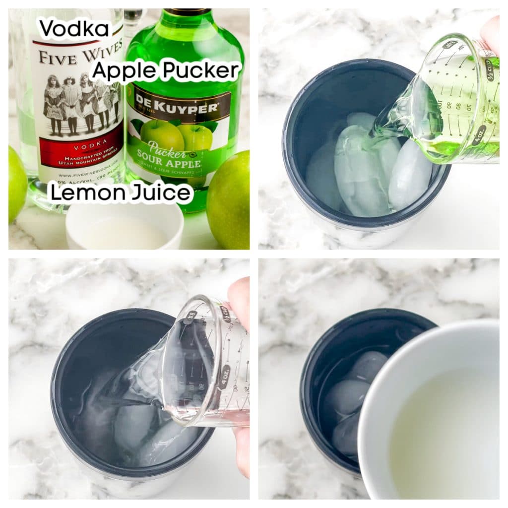 Shaker with ice and bottles of vodka, pucker and lemon juice.