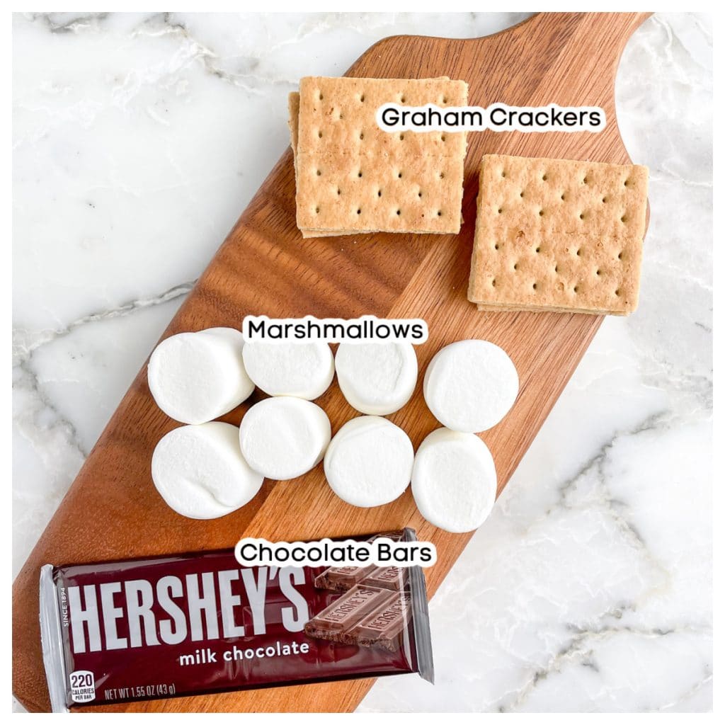 Chocolate bars, large marshmallows, and graham crackers.