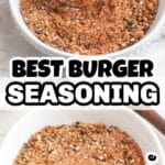 Bowl of hamburger seasoning with a wooden spoon.