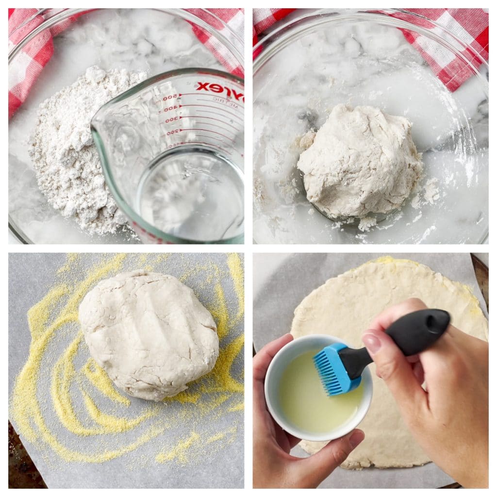 Bowl of flour and ball of dough on pan. 