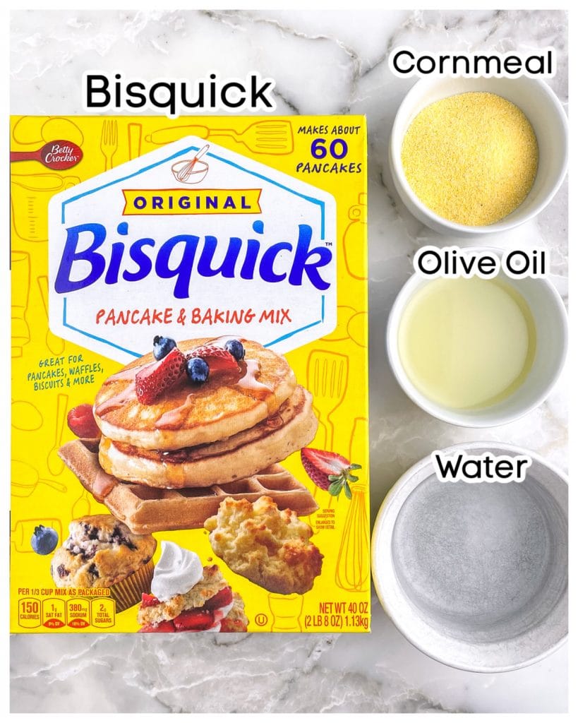 Box of Bisquick, bowl of cornmeal, oil and water. 