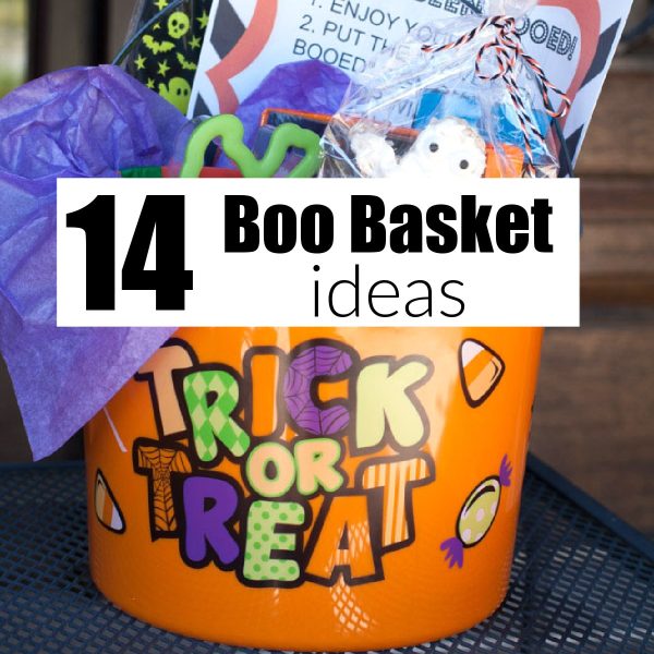 Trick or treat bucket filled with treats.