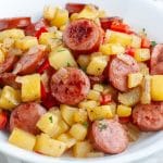 Bowl of sausage and potatoes.