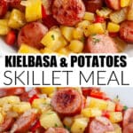 Bowl of diced potatoes and cooked kielbasa.