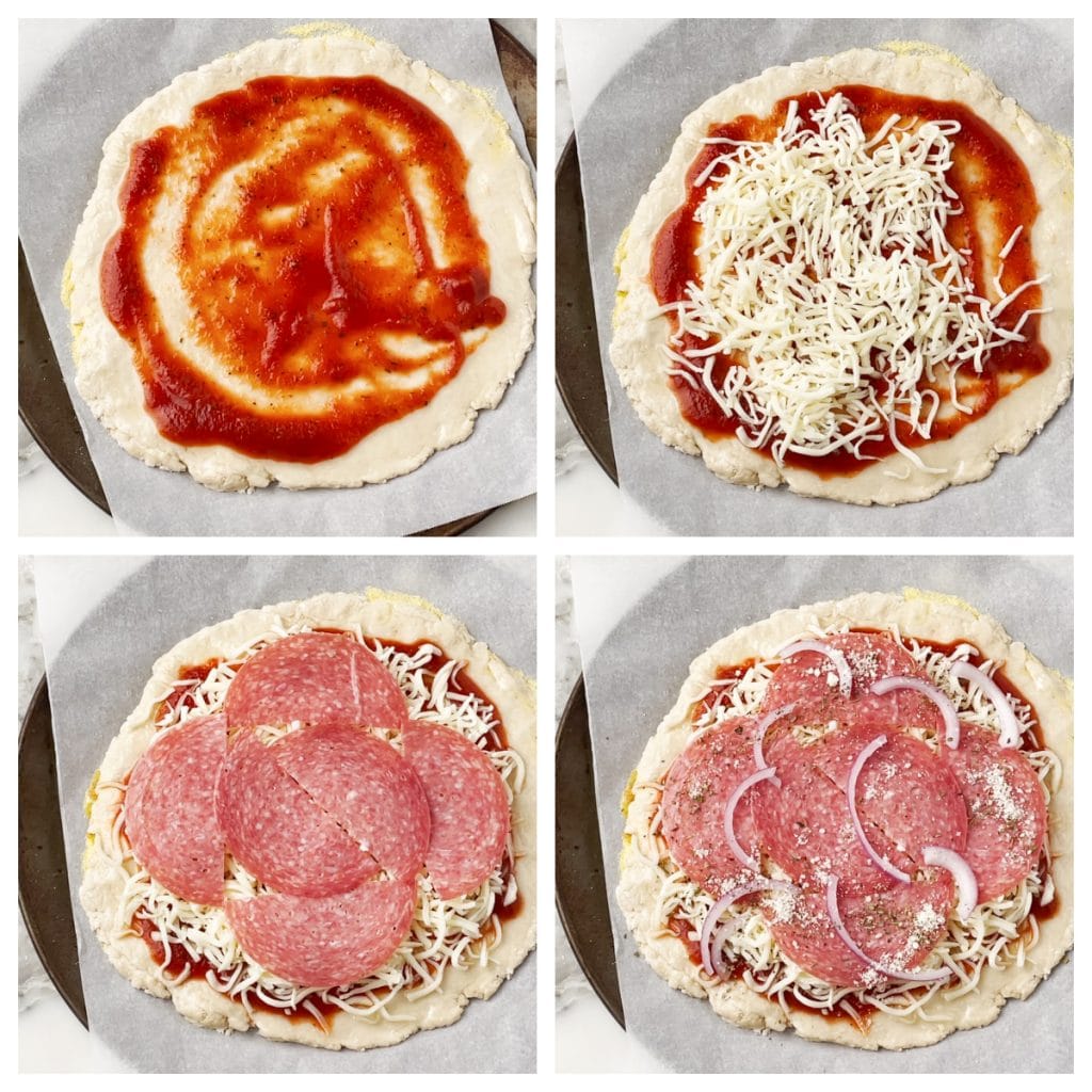 Pizza crust with sauce, cheese and salami.