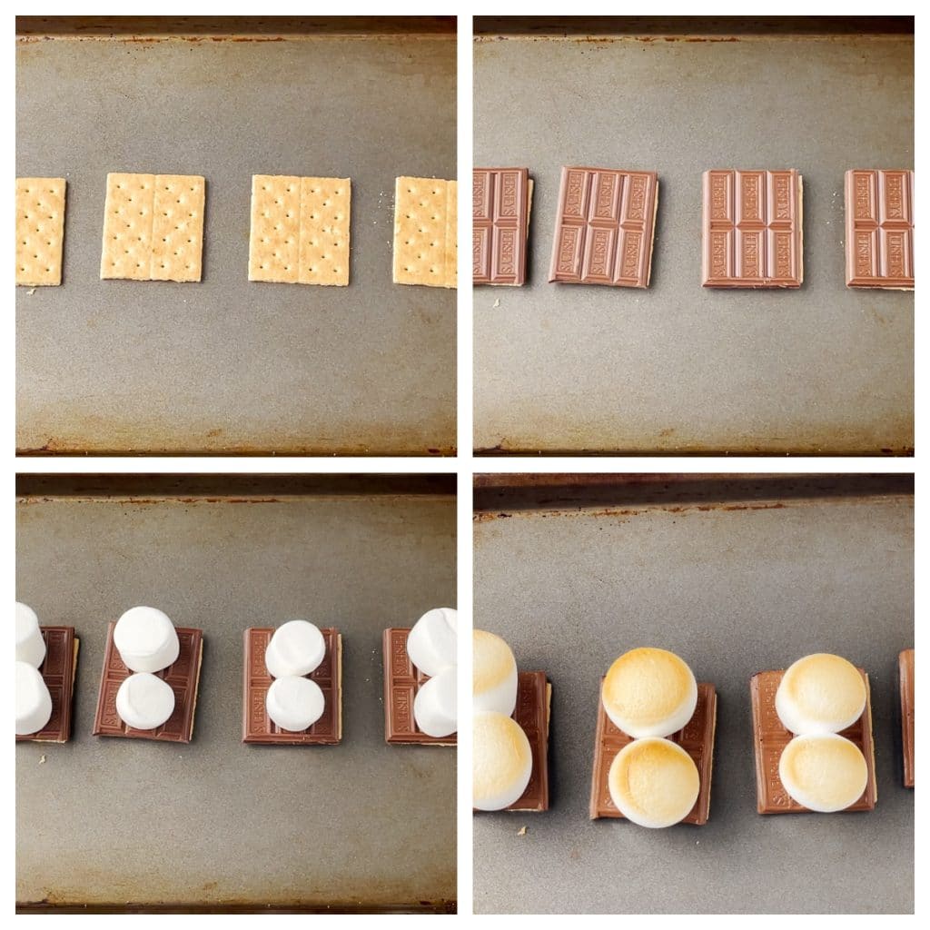 Graham crackers, chocolate bar, and marshmallow on pan.