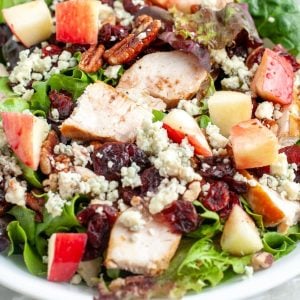 Bowl of salad with chicken and apple.