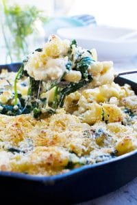 White Cheddar Greek Style Mac and Cheese in a casserole dish
