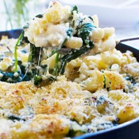 White Cheddar Greek Style Mac and Cheese in a casserole dish