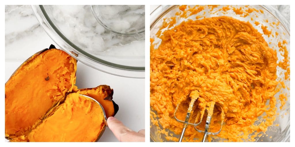 Baked sweet potatoes in bowl with mixer.