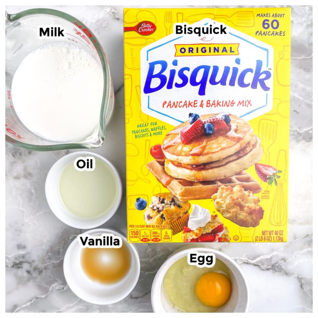 Box of Bisquick, bowl of oil, vanilla, egg, and milk.