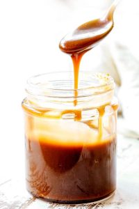Caramel sauce in a jar.