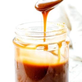 Caramel sauce in a jar.