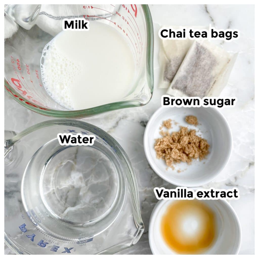 Bowl of water, milk, tea bags, sugar and vanilla.