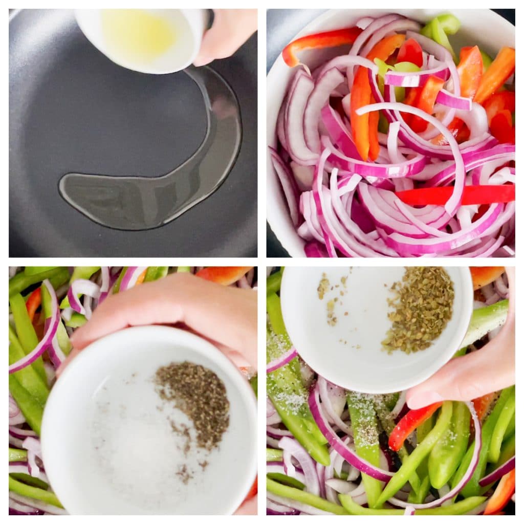 Peppers, onions, and seasonings in a pan. 