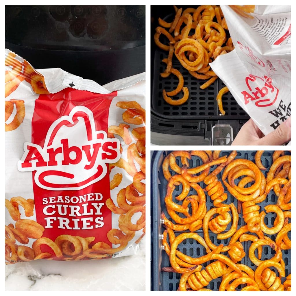 Bag of frozen fries in air fryer basket.