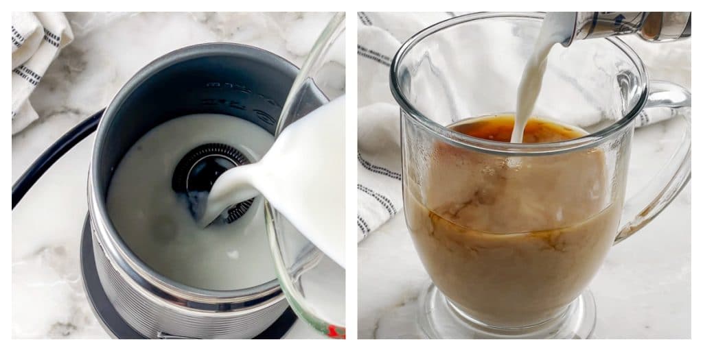 Milk frother and cup with tea.