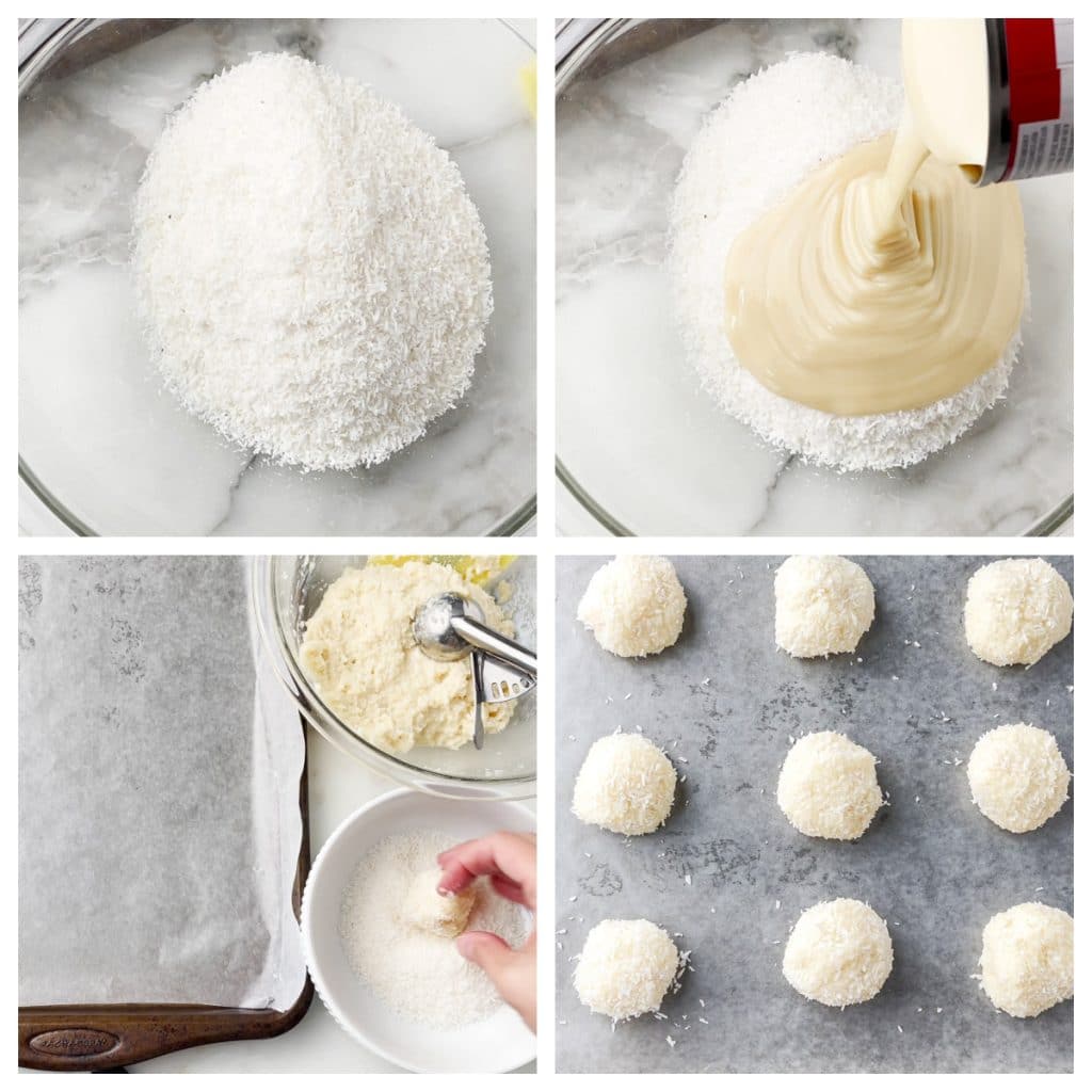 Bowl with shredded coconut and sweetened condensed milk. 