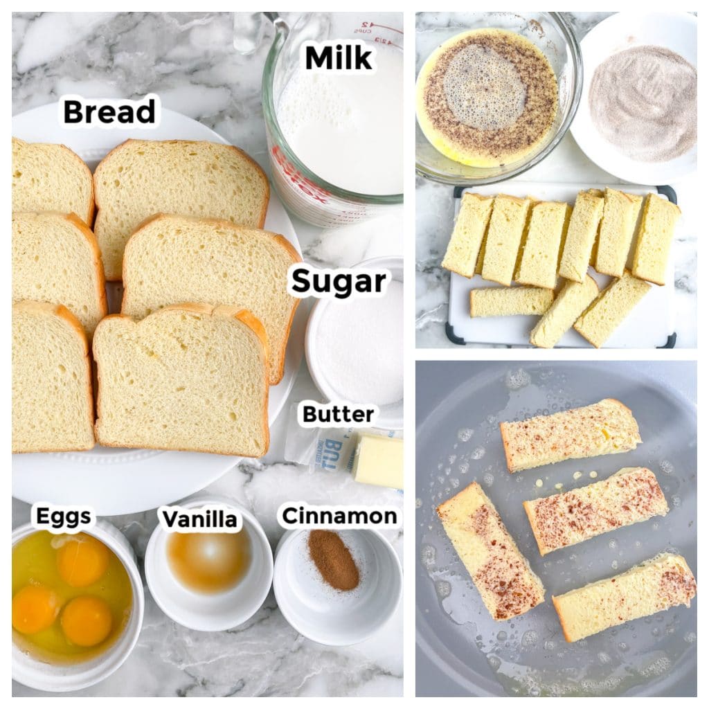 Slices of bread, eggs, milk, sugar, and cinnamon.