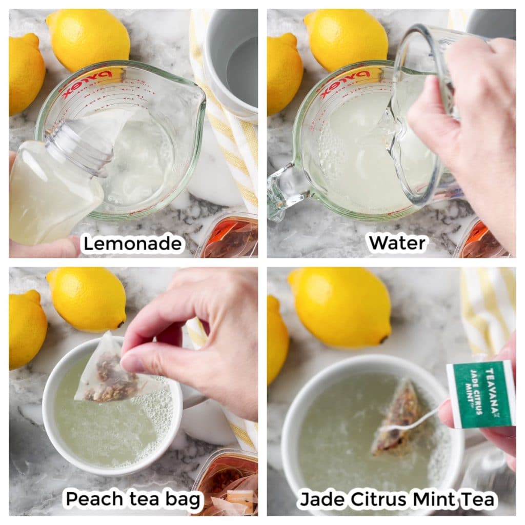 Measuring cup with lemonade and tea bags.