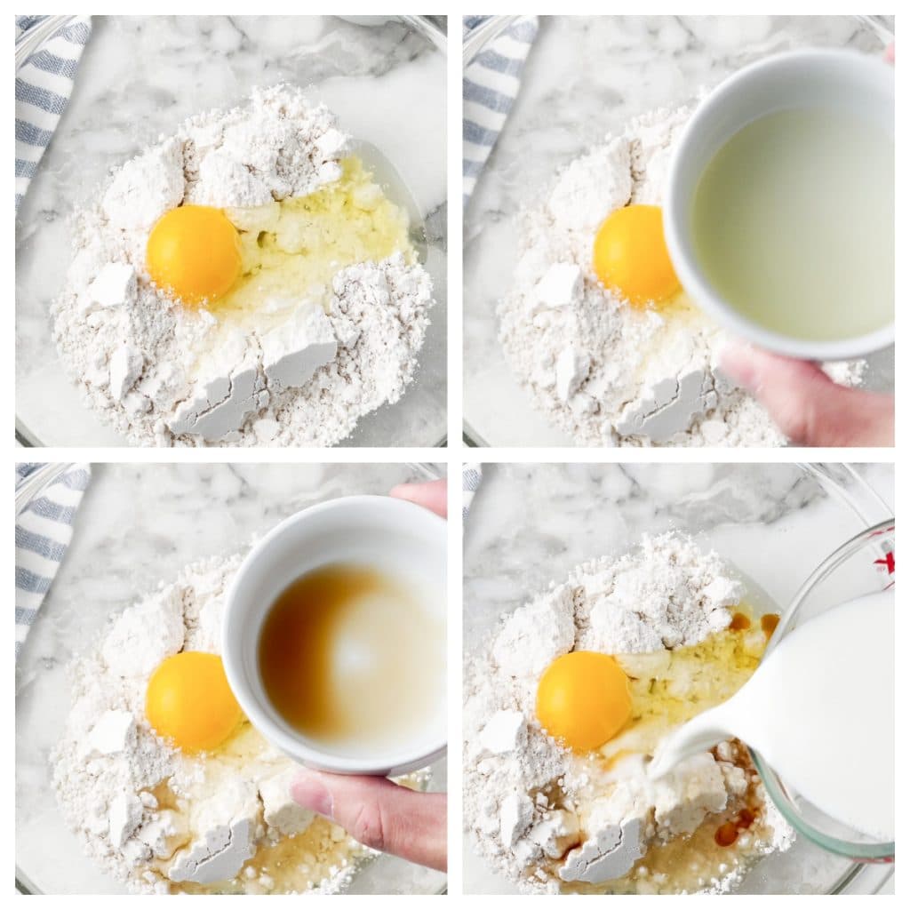 Bowl of flour, egg, oil, and milk.